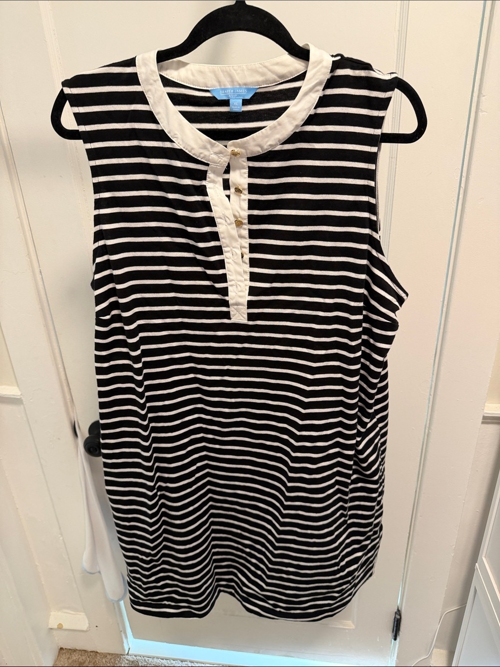 Draper James Black and White Striped Strapless Dress with Contrast Trim